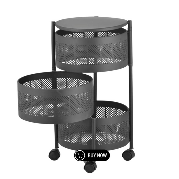 3 Layer Movable Round Fruit Basket Kitchen Accessories Rack Stand in Black