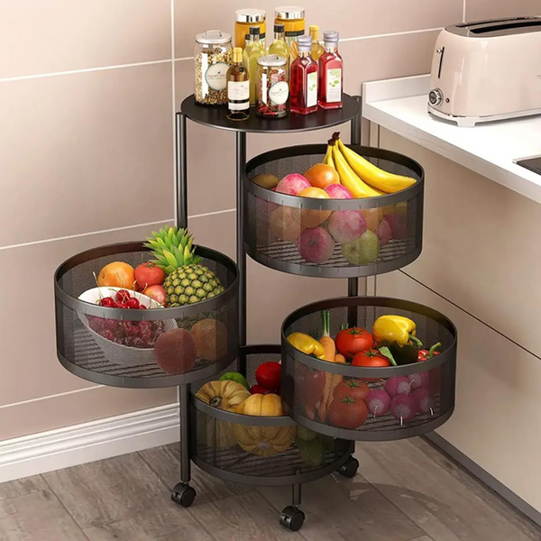 4 Layer Movable Round Fruit Basket Kitchen Accessories Rack Stand in Black