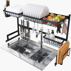 Over The Sink Dish Drying Rack with Fruit Basket Kitchen Counter & Drainer Dishrack - Matte Black
