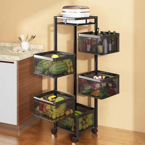 5 Layer Movable Square Fruit Basket Kitchen Accessories Rack Stand in Black