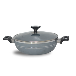 Premium Quality Non Stick Marble Coated 4Egde Wok (Karahi) with Glass Lid - Grey