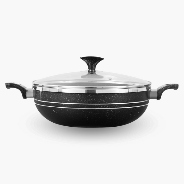 Premium Quality Non Stick Marble Coated 4Egde Wok (Karahi) with Glass Lid - Black