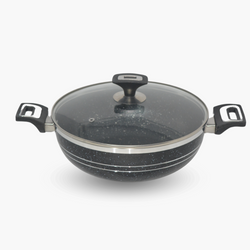 Premium Quality Non Stick Marble Coated 4Egde Wok (Karahi) with Glass Lid - Black