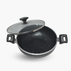 Premium Quality Non Stick Marble Coated 4Egde Wok (Karahi) with Glass Lid - Black