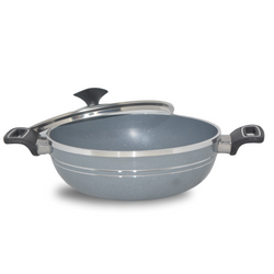 Premium Quality Non Stick Marble Coated 4Egde Wok (Karahi) with Glass Lid - Grey