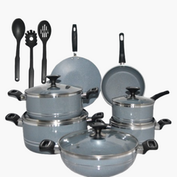 15 Pieces Non Stick Marble Coated 4Egde Crescent Cookware Gift Set - Gray