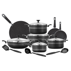 15 Pieces Non Stick Marble Coated 4Egde Crescent Cookware Gift Set - Black