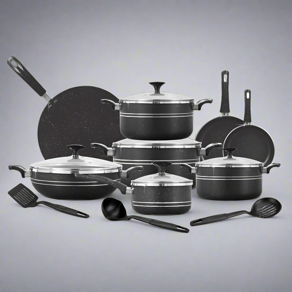 15 Pieces Non Stick Marble Coated 4Egde Crescent Cookware Gift Set - Black