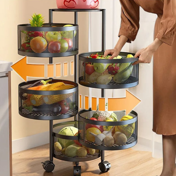 5 Layer Movable Round Fruit Basket Kitchen Accessories Rack Stand in Black