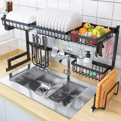 Over The Sink Dish Drying Rack with Fruit Basket Kitchen Counter & Drainer Dishrack - Matte Black
