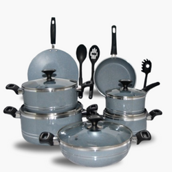 15 Pieces Non Stick Marble Coated 4Egde Crescent Cookware Gift Set - Gray