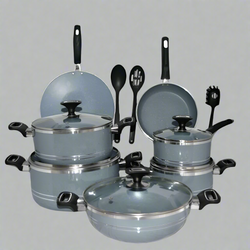 15 Pieces Non Stick Marble Coated 4Egde Crescent Cookware Gift Set - Gray