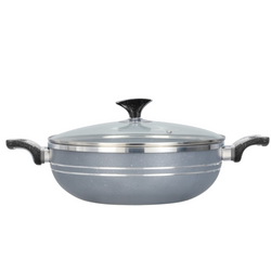 Premium Quality Non Stick Marble Coated 4Egde Wok (Karahi) with Glass Lid - Grey