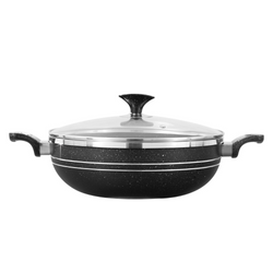 Premium Quality Non Stick Marble Coated 4Egde Wok (Karahi) with Glass Lid - Black